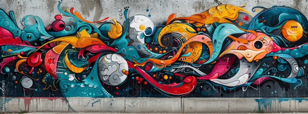 Surreal abstract mural on city wall, a vivid mix of fantastical creatures and swirling patterns.