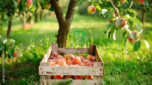 a crate full of peaches sitting in the grass next to a tree with lots of ripe peaches in it. photo