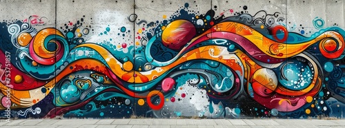 Surreal abstract mural on city wall, a vivid mix of fantastical creatures and swirling patterns. photo