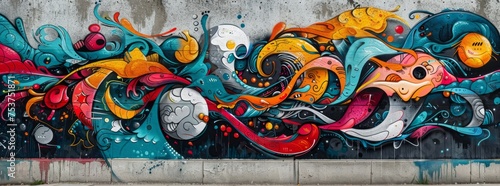 Surreal abstract mural on city wall  a vivid mix of fantastical creatures and swirling patterns.