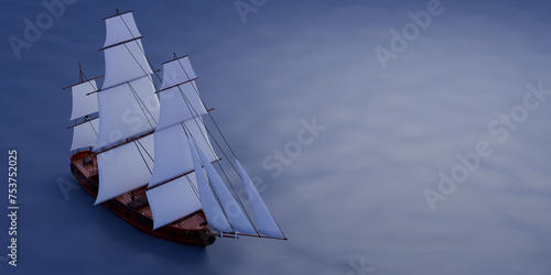 Fototapeta Naklejka Na Ścianę i Meble -  Ship in blue sea. 3d render. Space for text.