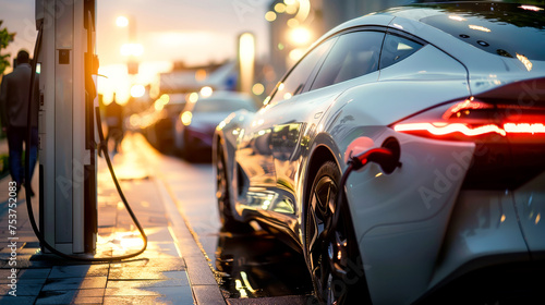 An electric car charging at a charging station. Generative AI.