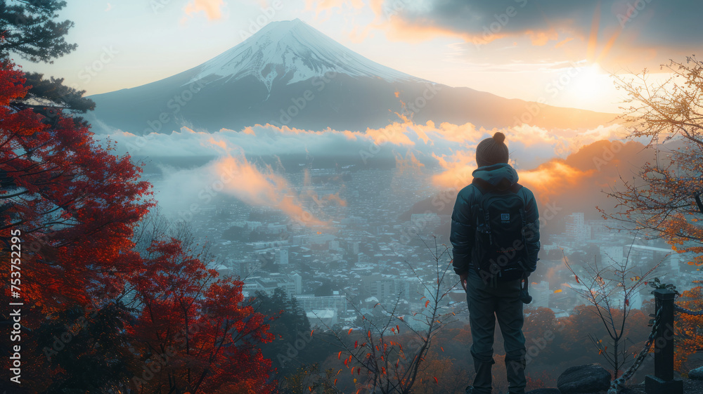 Obraz premium a man tourist in backpack standing After successfully conquering the peak , on top of a Japanese temple with Mount Fuji ,generative ai