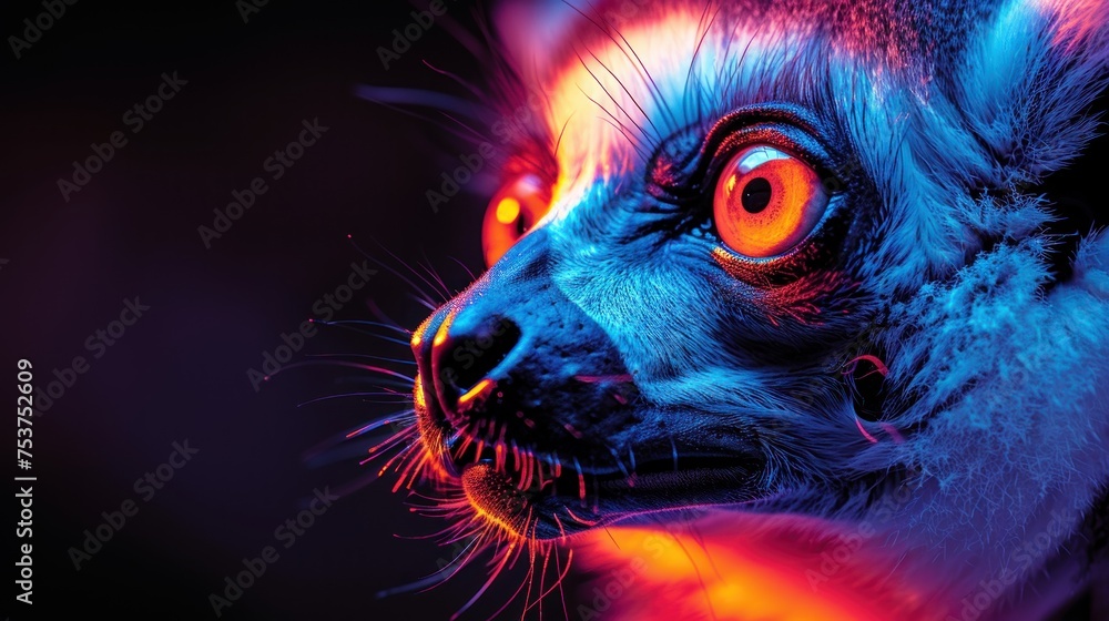 a close up of a cat's face with orange and blue light coming out of it's eyes.