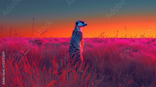 a giraffe standing in the middle of a field of tall grass with the sun setting in the background. photo