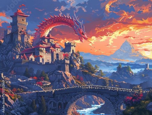 Medieval castles with fantasy creatures and mystical symbols in pixel art scenery. photo