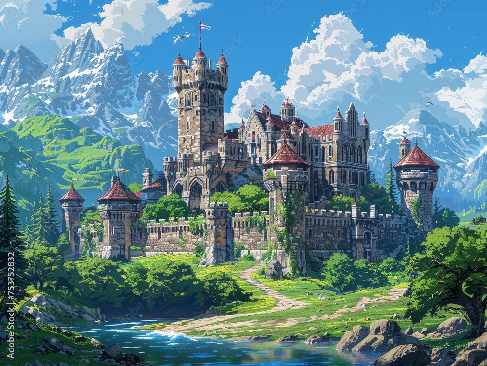 Pixel art of medieval castles, incorporating fantasy creatures and mystical symbols in the scenery.