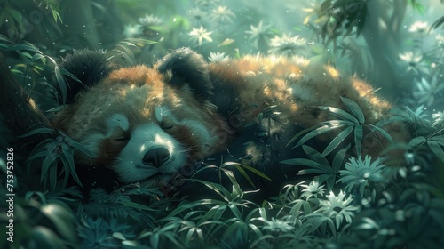 a painting of a red panda sleeping in a forest filled with green plants and bamboo leaves on a sunny day.