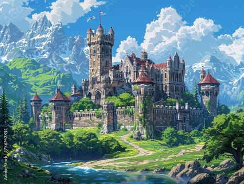 Pixel art of medieval castles, incorporating fantasy creatures and mystical symbols in the scenery.