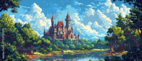 Pixel art scenes of medieval castles in magical forests with fantasy creatures and knights. photo