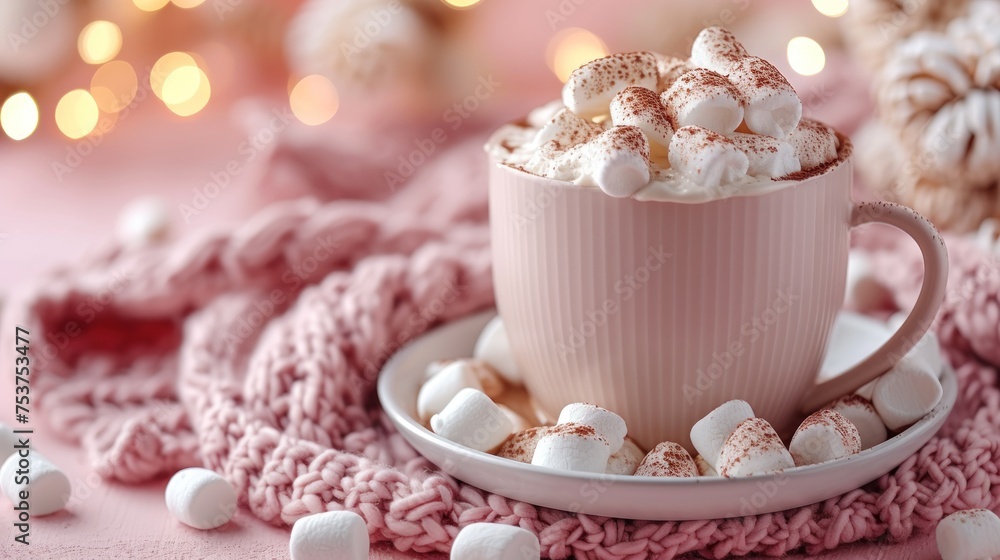 a cup of hot chocolate with marshmallows on a saucer on a pink tablecloth with christmas lights in the background. a cup of hot chocolate with marshmallows on a saucer on a pink tablecloth with christmas lights in the background.