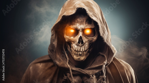 Portrait of a scary ghost, Skull Face effect. Part of the skull is shown on the man's face. Designed for halloween and scary. Scary ghost in hoodie