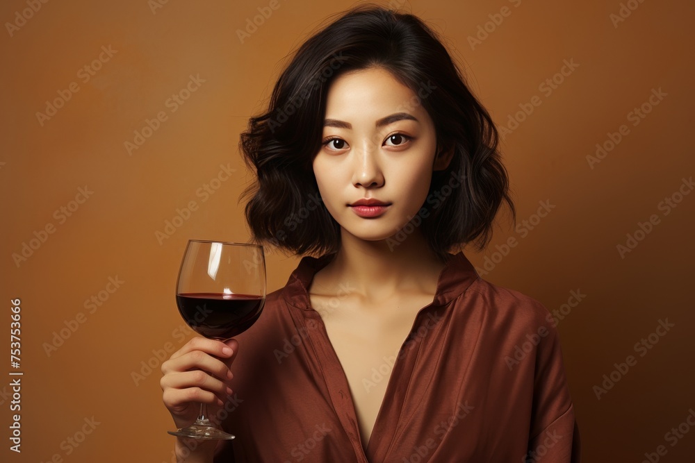 Young Asian woman with glass of wine on bordeaux background Young Asian woman with glass of wine on bordeaux background