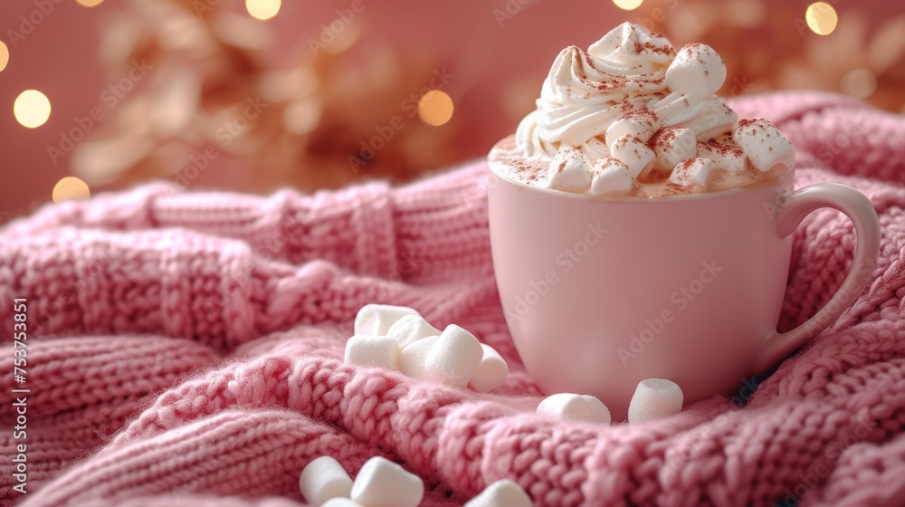 a pink cup of hot chocolate with marshmallows on a pink blanket with a christmas tree in the background. a pink cup of hot chocolate with marshmallows on a pink blanket with a christmas tree in the background.