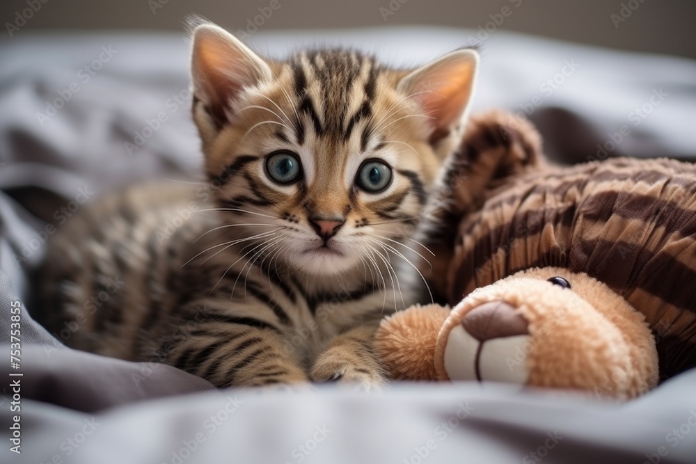 Young bengal kitten plays and hugs favorite toy bear on a bed at home
