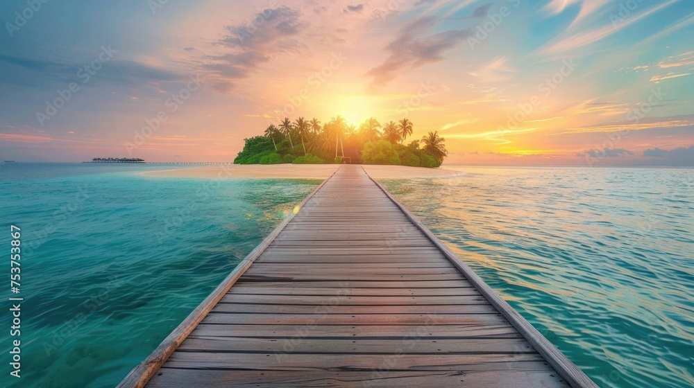 Obraz premium Tropical Paradise at Sunset - Wooden Jetty and Island View