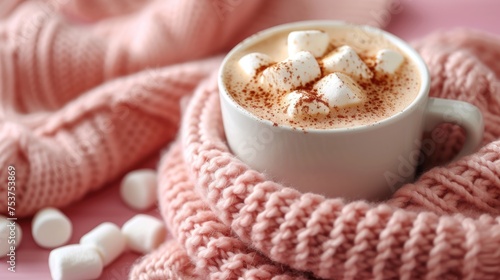 a cup of hot chocolate with marshmallows on a pink blanket next to a pink blanket and pink sweater.