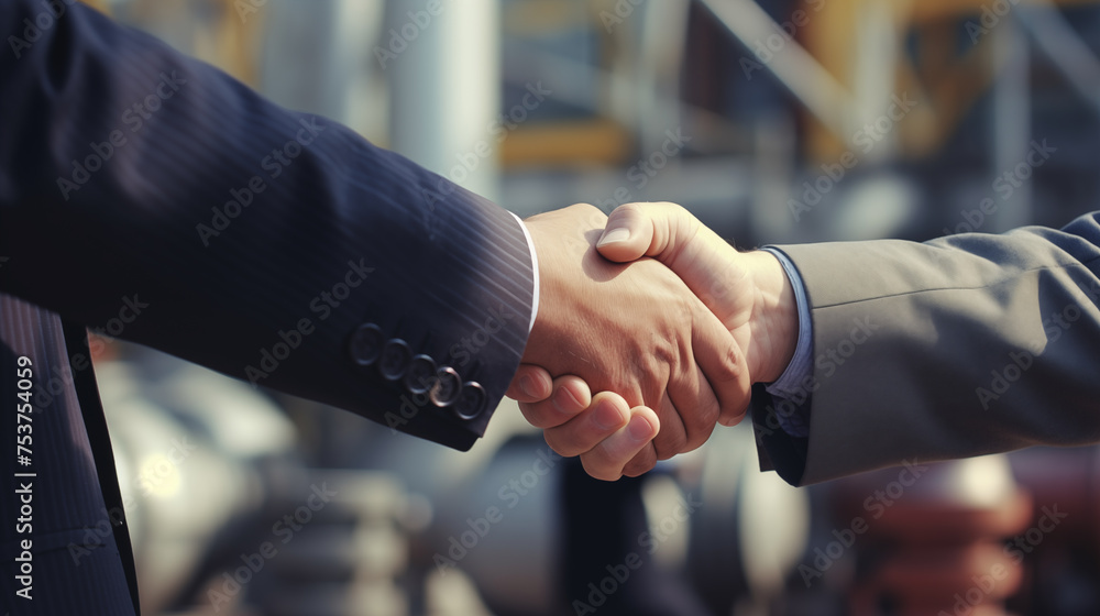 Business handshake closeup, in the background are the projects of some complex industrial installations.