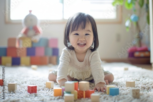 Toddler Playing With Colorful Blocks on a Living Room Floor During Daytime