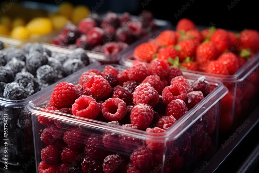 Frozen berries in plastic box on black background. Selective focus. Frozen berries in plastic box on black background. Selective focus.