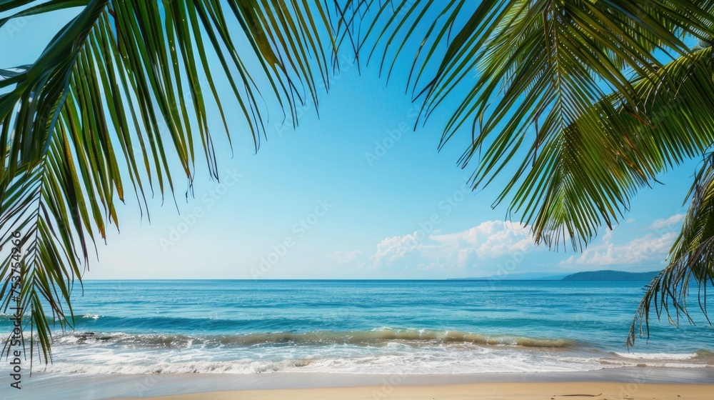 Tranquil Tropical Beach View with Palm Leaves Framing the Serene Ocean