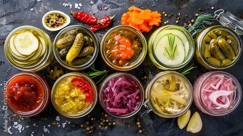 A variety of pickled vegetables and condiments for sandwiches