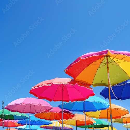 Colorful Beach Umbrellas Under a Clear Blue Sky on a Sunny Day