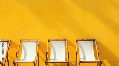 Serene Summer Ambience with Three Deck Chairs Against Vibrant Yellow Wall