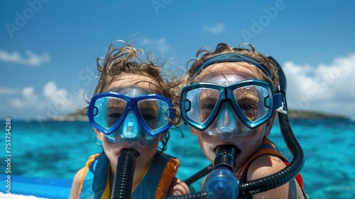 Mother and Daughter Ready for Underwater Adventure: Snorkeling Duo in Tropical Waters