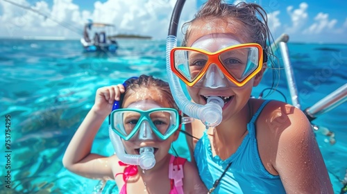 Mother and Daughter Ready for Underwater Adventure: Snorkeling Duo in Tropical Waters © romanets_v