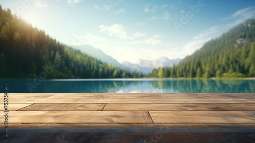wooden table with lake background for design mockup generative ai 