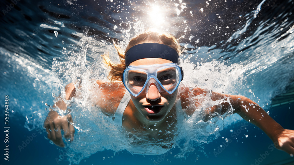 Female swimmer at the swimming pool, underwater, swimmer at the swimming pool.Underwater, Female participants hurtle through the water in a swimming competition