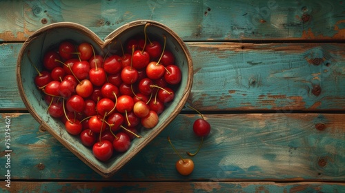 a heart shaped bowl filled with cherries sitting on top of a wooden table next to a couple of cherries. photo