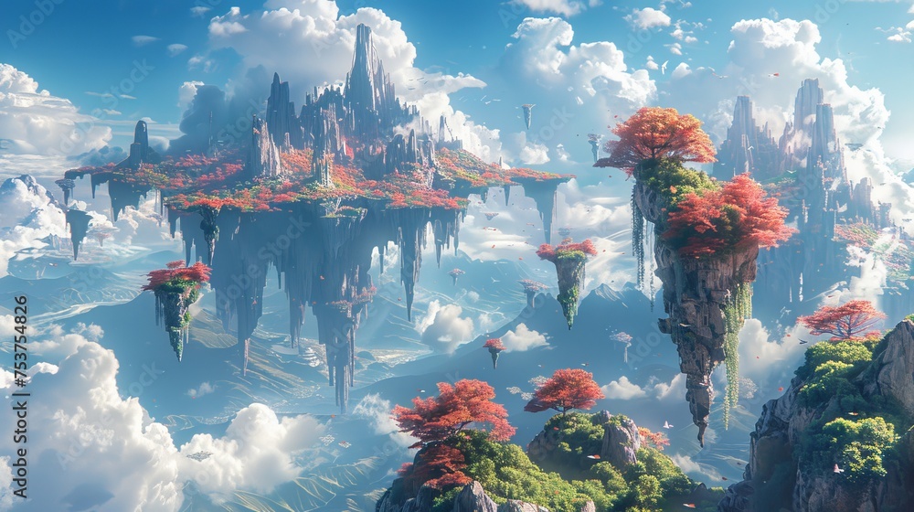 Surreal landscapes with floating isles and enchanted woods, portrayed in vivid digital artwork. - obrazy, fototapety, plakaty 