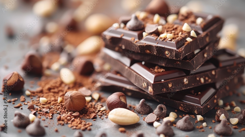 a pile of chocolates sitting on top of a table next to a pile of nuts and powdered sugar. a pile of chocolates sitting on top of a table next to a pile of nuts and powdered sugar.