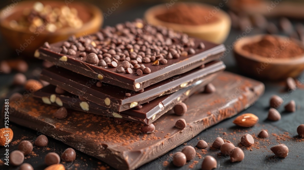 a stack of chocolate bars sitting on top of a table next to a bowl of nuts and a wooden spoon. a stack of chocolate bars sitting on top of a table next to a bowl of nuts and a wooden spoon.