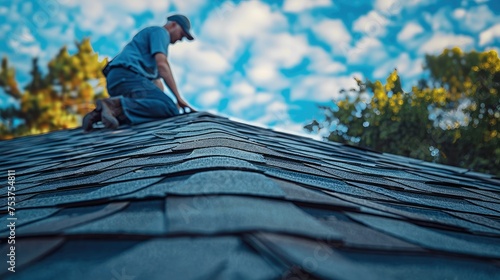 A man inspecting a roof after install of shingles. Generative AI.