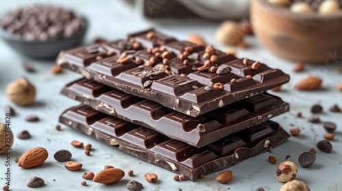 a stack of chocolate bars sitting on top of a table next to a bowl of nuts and a bowl of nuts. photo