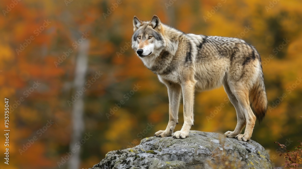 Naklejka premium A Beautiful Grey Wolf in Autumn: Captivating Image of a Canine Carnivore on a Rock in Canada's Scenic Backdrop