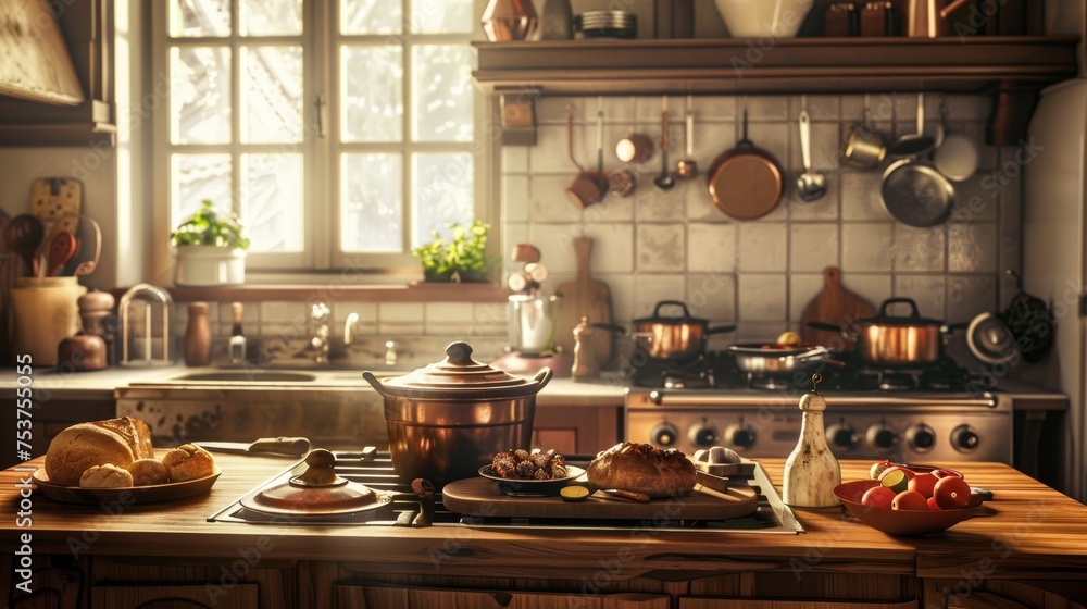 A cozy kitchen with warm, earthy tones and rustic wooden accents, filled with the aroma of freshly baked bread and simmering pots on the stove