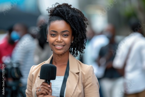African Female News Reporter Outdoors with Microphone Reporting News Live photo