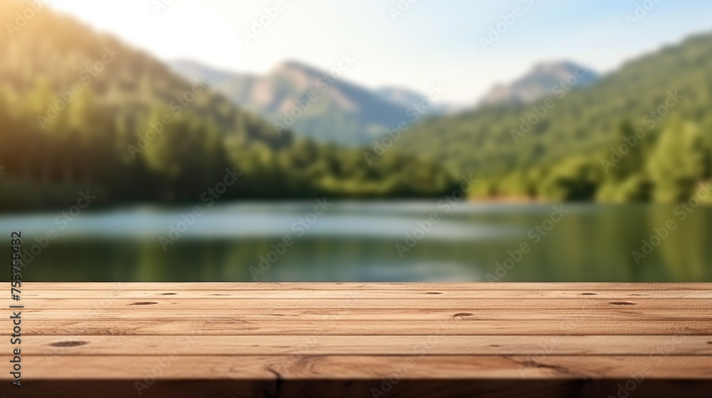 wooden table with lake background for design mockup generative ai 