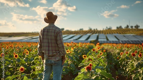 A farmer standing in a field, overseeing a farm integrated with solar panels. Generative AI.