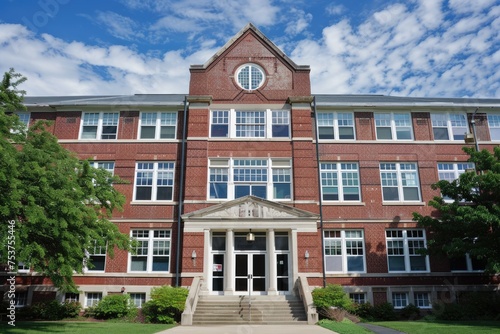 American School Building. Exterior Architecture of Typical School Brick Building for Education and Back to School Concept