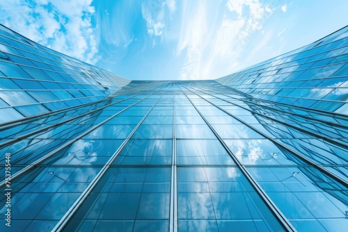 Angle Abstract  Modern Blue Skyscraper Building with Glasses and Blue Sky Background  Business and Architecture Concept