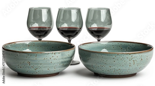 a group of three wine glasses sitting next to each other in front of a wine glass filled with red wine.