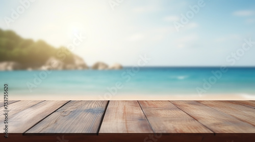 wooden table with white beach background generative ai