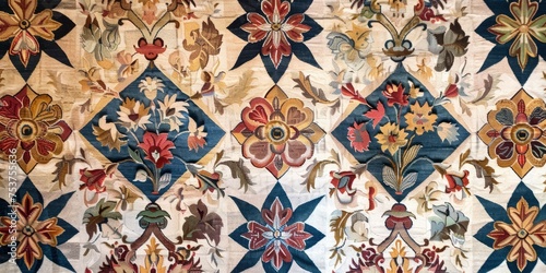 Timeless 17th Century Baroque Textile Print from Spain, Featuring Geometric Patterns in a Vintage Color Palette. photo