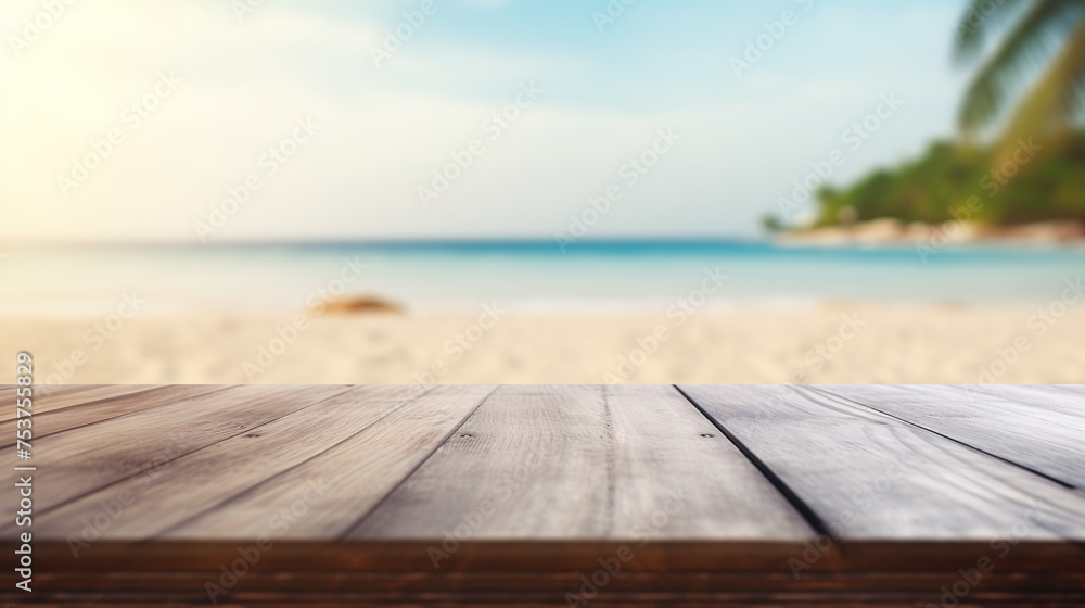 wooden table with white beach background generative ai