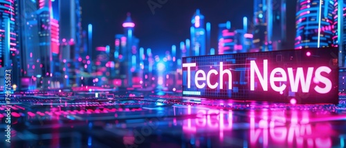 Glowing Innovation. Blue Neon Font Tech News Against a 3D Cyber Funk Landscape  Symbolizing Cutting-Edge Technology.